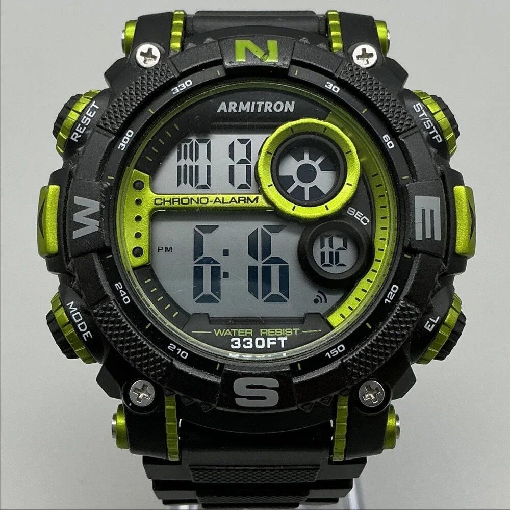 Armitron Pro Sport Mens Watch 54mm Digital Black Green Chrono Alarm 40/8284